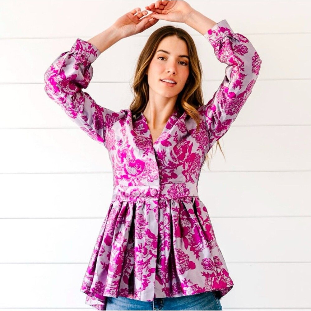 NOBLE 31 Silk Tunic Top M Fuchsia Pink Floral Jacquard V-neck Cocktail Blouse
